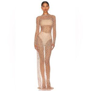 Retrofete Vinci Sequin Dress Embellished Sheer Maxi Gown Silver Nude Size XS NEW